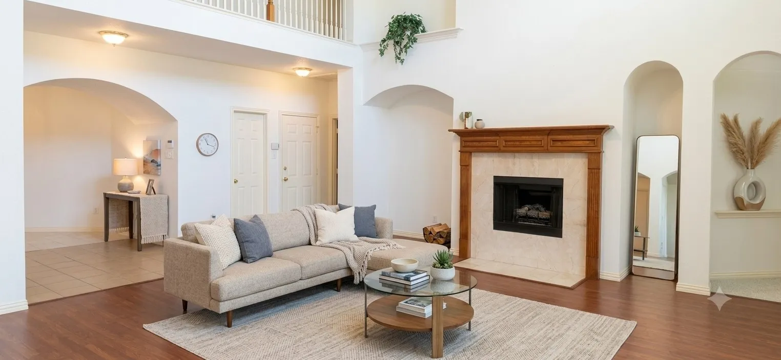 Living area featuring high ceilings, wood-finish flooring, a fireplace with a wood mantel and stone surround, and an arched entry
