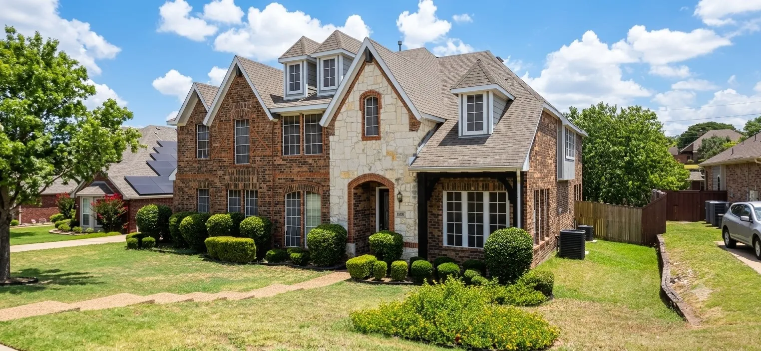 Two-story brick and stone facade residence featuring multiple gables, dormer windows, and mature front landscaping