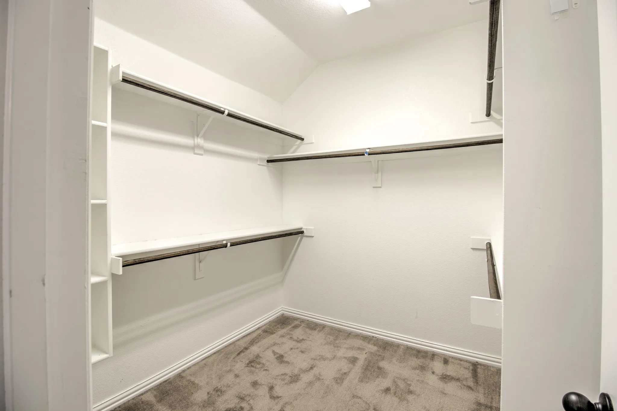 Walk-in closet with carpet flooring, built-in shelving, and multiple hanging rods
