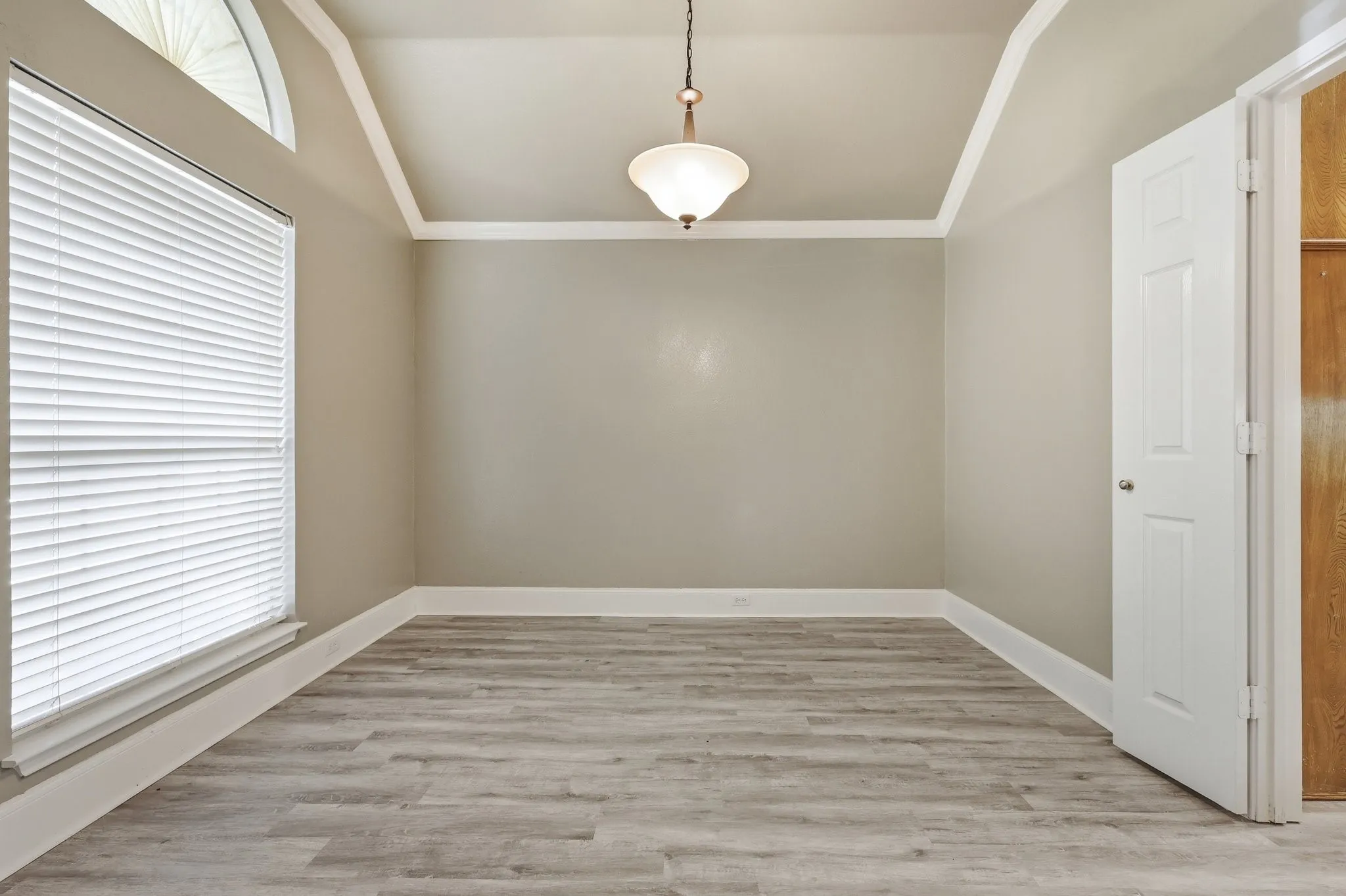 Spacious room featuring wood-finish flooring, a tray ceiling, and a traditional ceiling light fixture