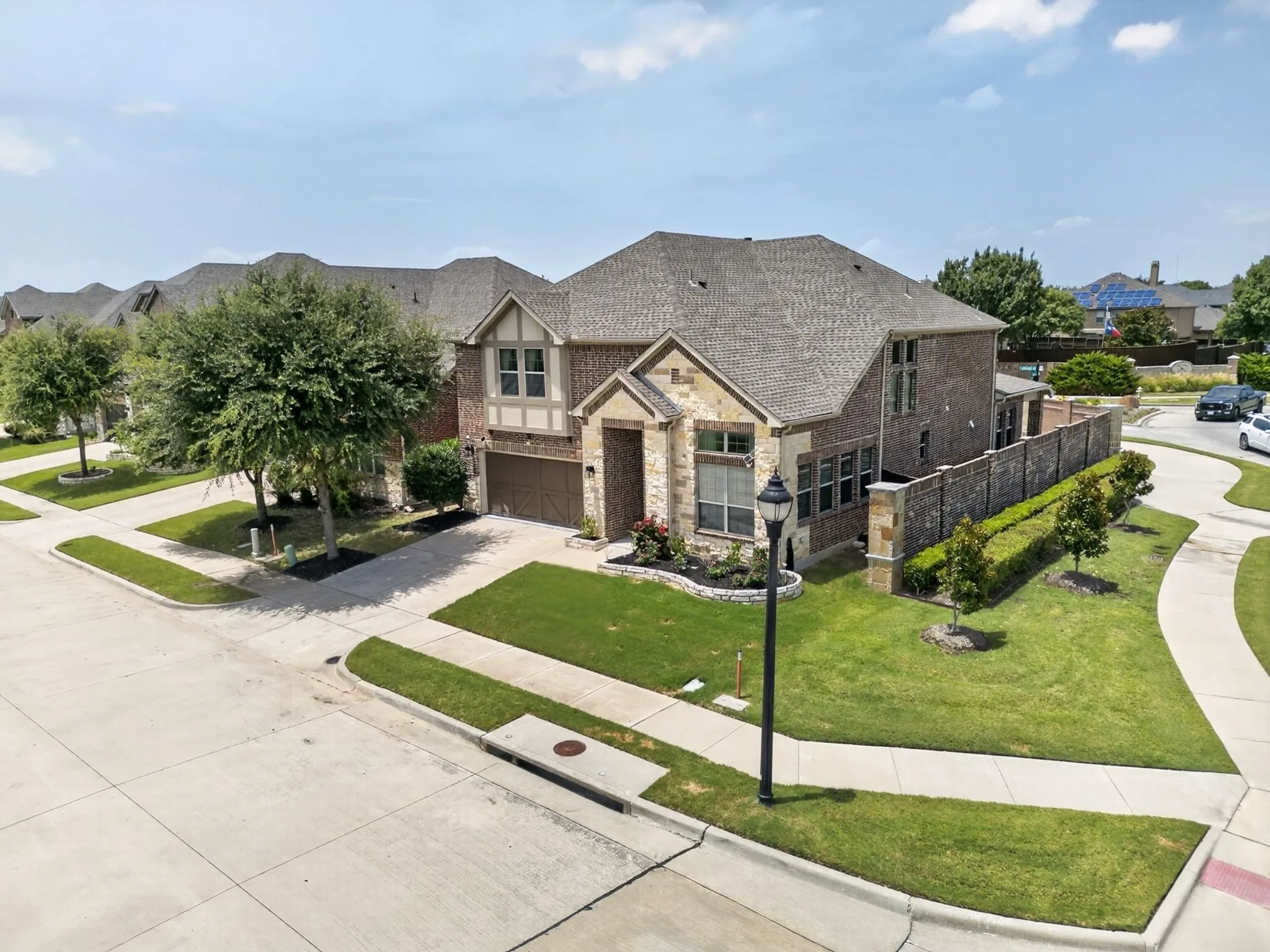 Brick and stone facade with gabled rooflines