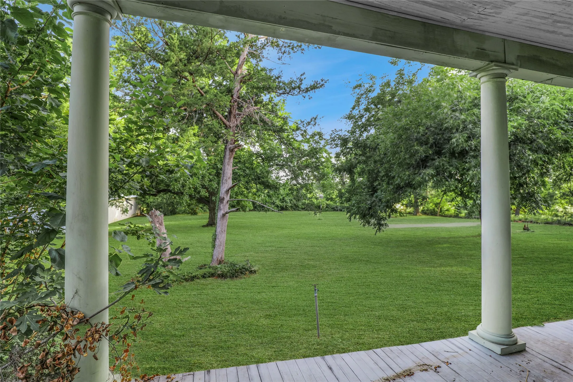 Expansive green lawn framed by mature trees, visible from a porch with classic white columns