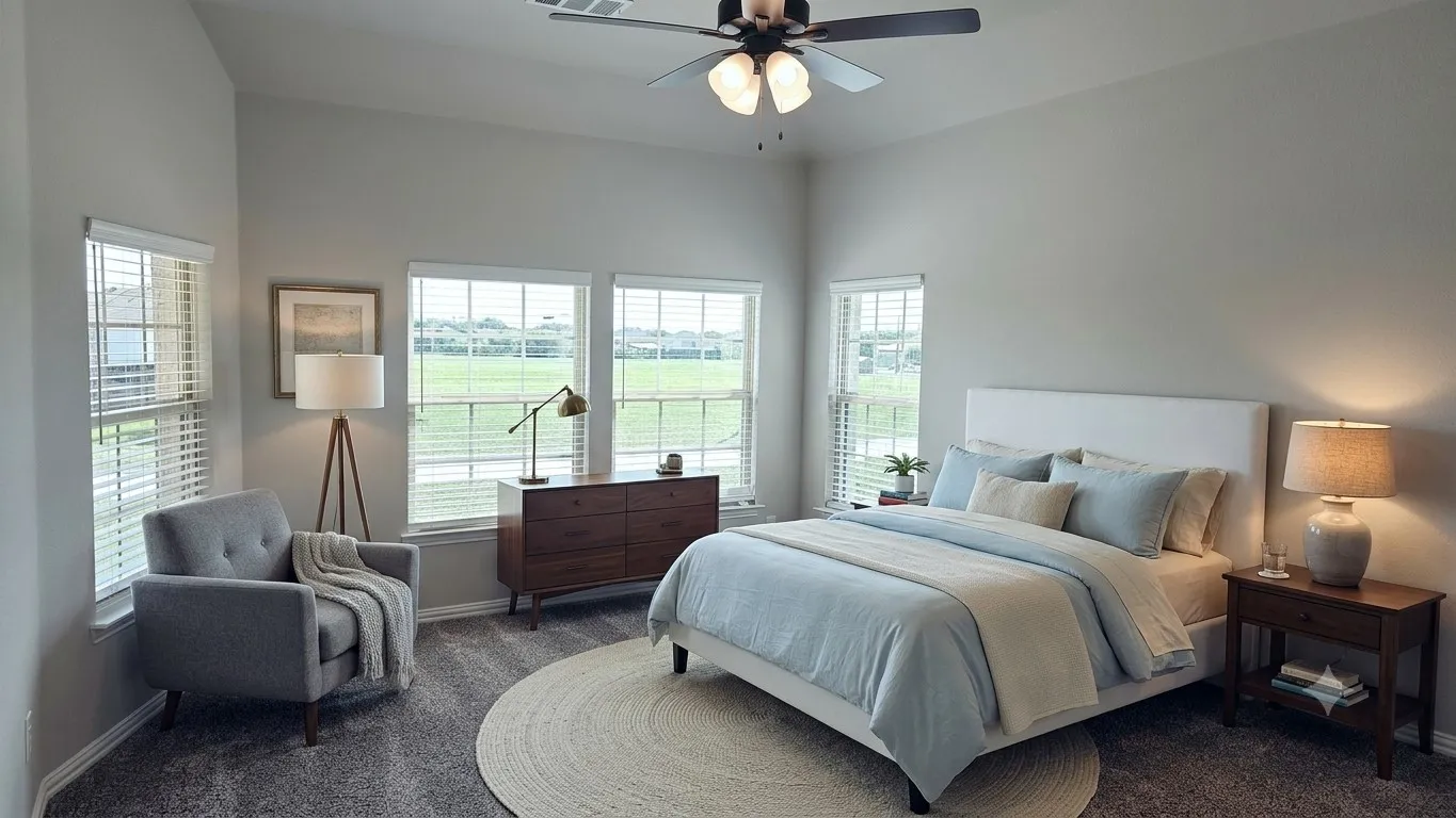 Spacious room featuring vaulted ceilings and a ceiling fan