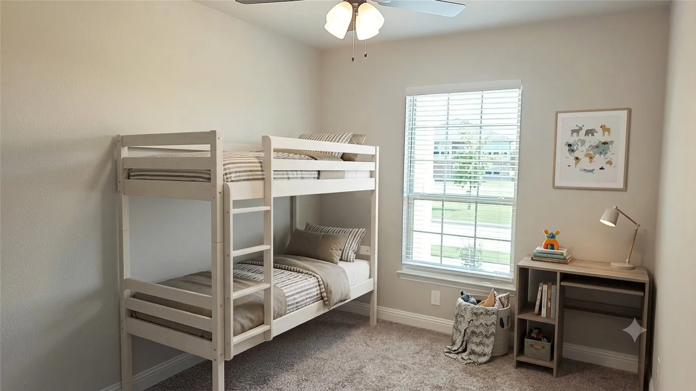Carpeted room featuring a ceiling fan with light fixture, neutral wall paint, and a large window with white blinds