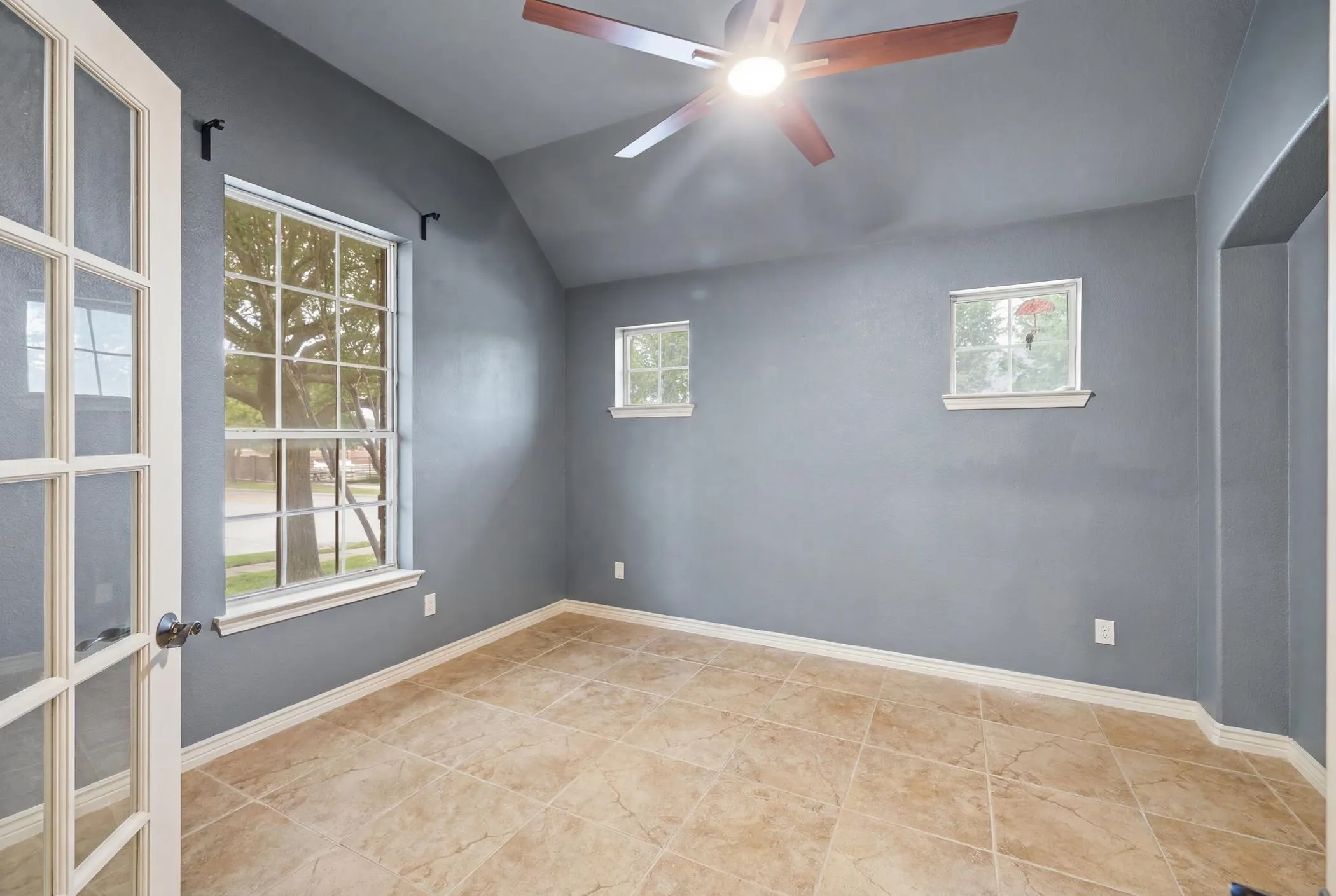 Home office with French doors.