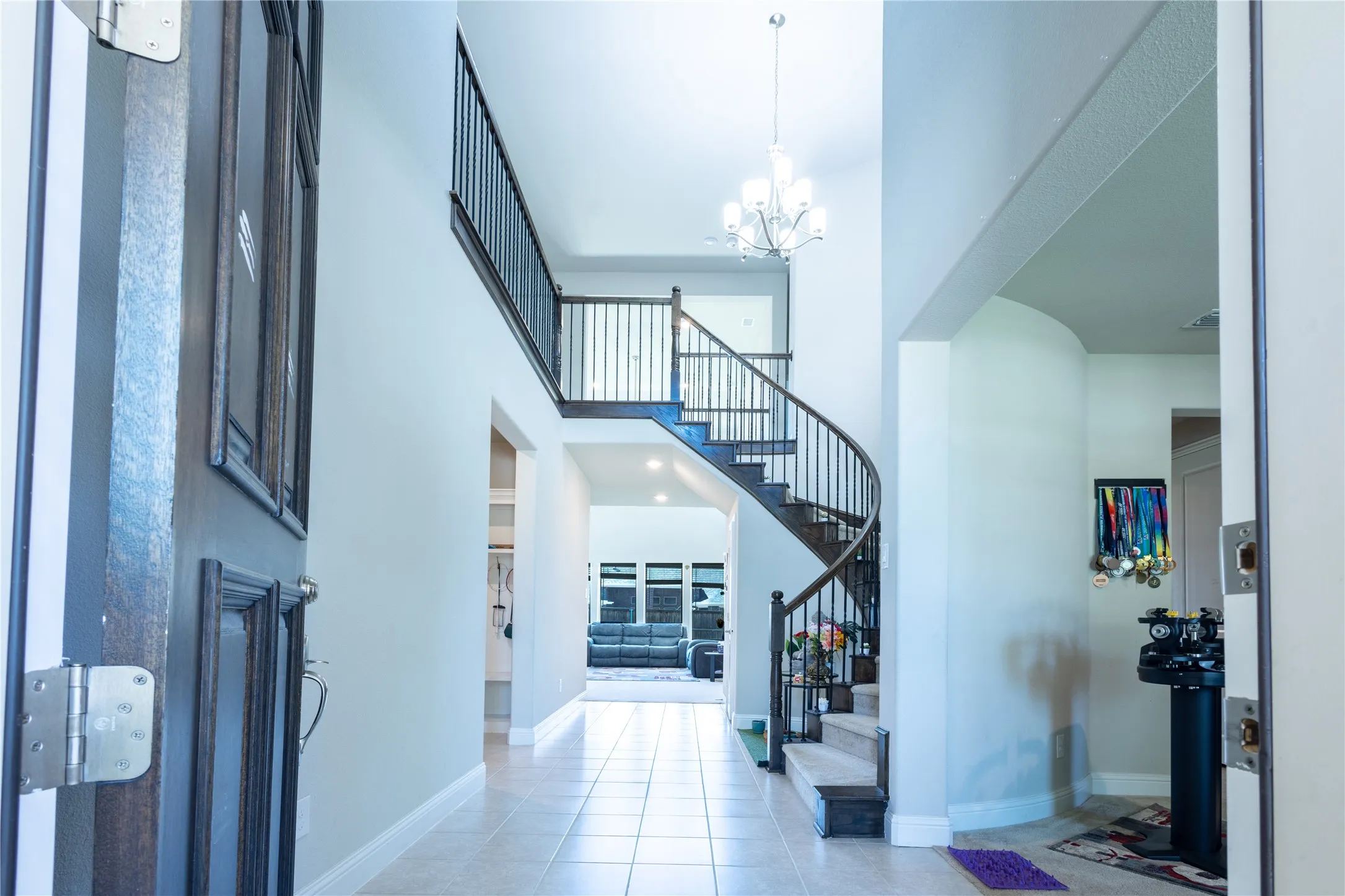 Two-story foyer featuring a curved staircase with dark wood treads and wrought iron balusters