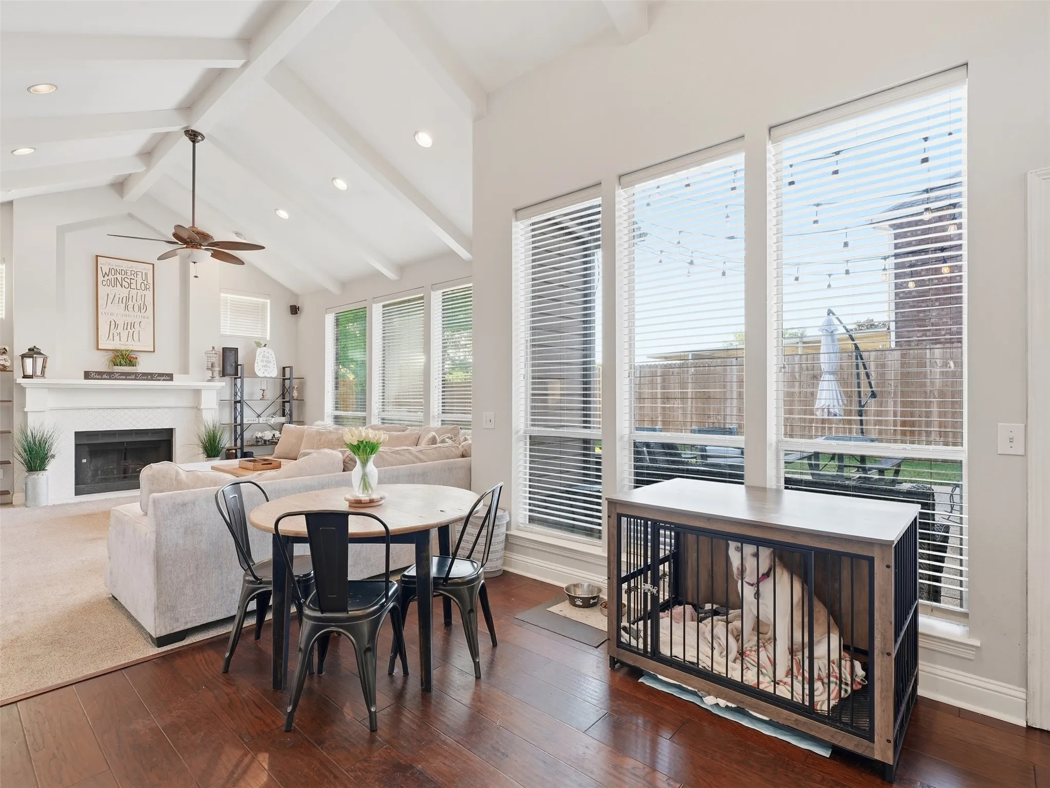 Vaulted ceilings with exposed beams and recessed lighting