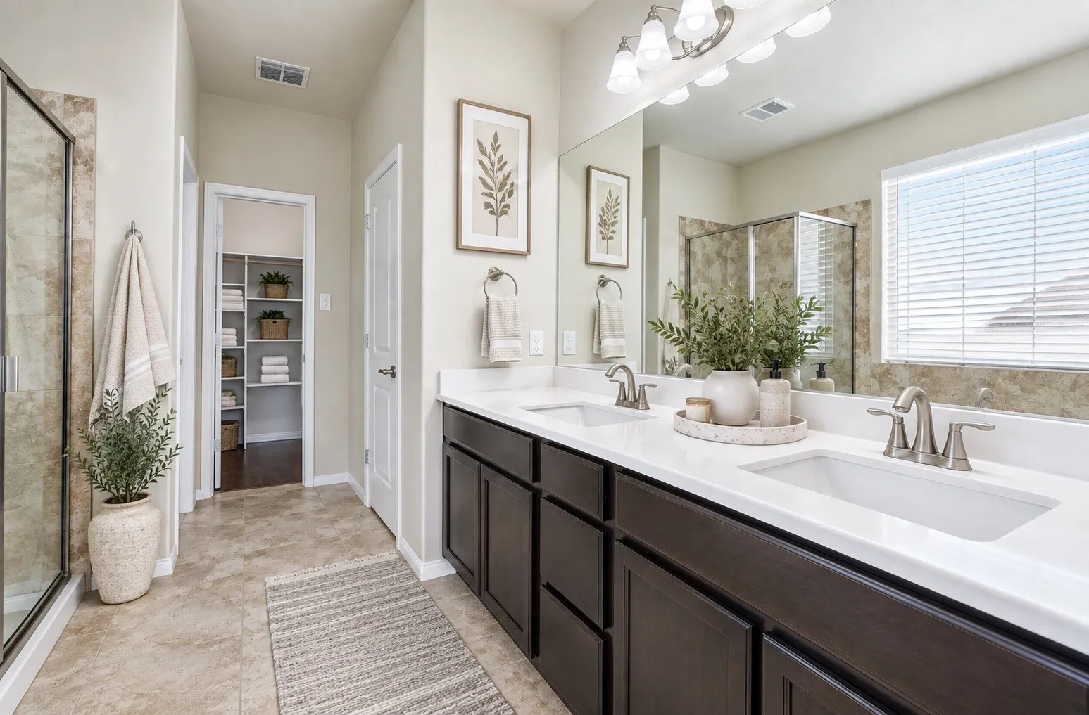 Dual vanity with integrated sinks, dark wood-finish cabinetry, and a large wall-mounted mirror
