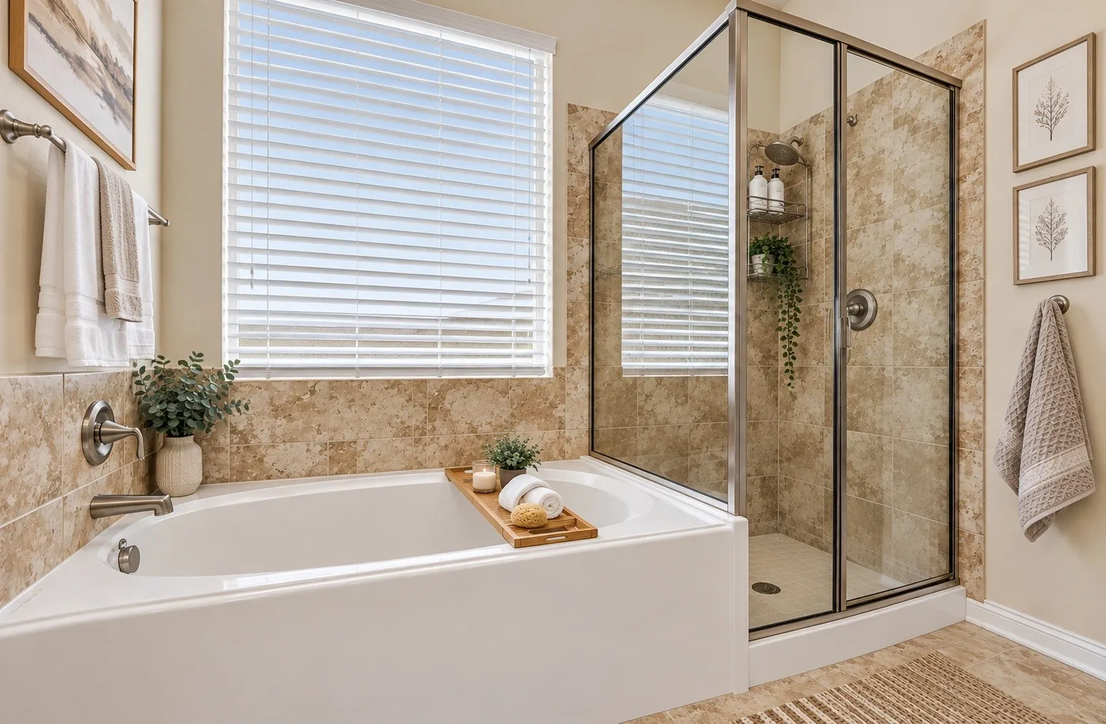 Soaking tub with brushed nickel fixtures, a tiled shower with a glass enclosure, and a window with blinds