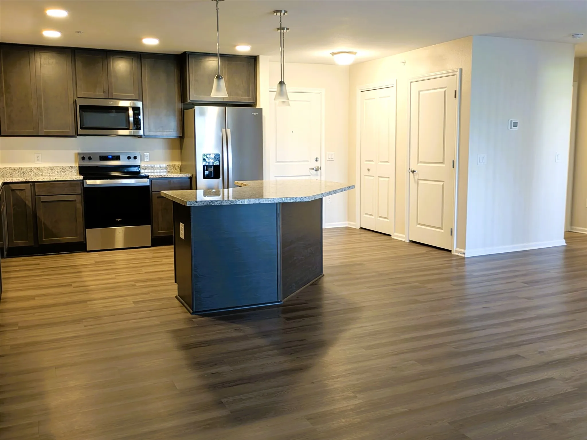 Open-concept kitchen and living area featuring wood-finish flooring