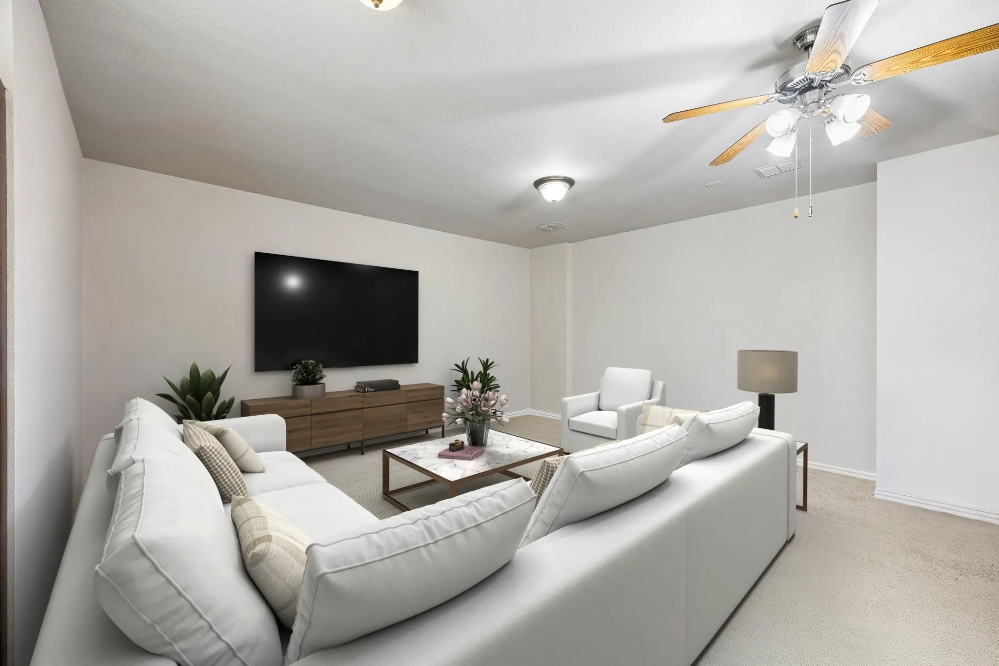 View of the space designated as a media room on
the second floor. Virtually staged to show potential.