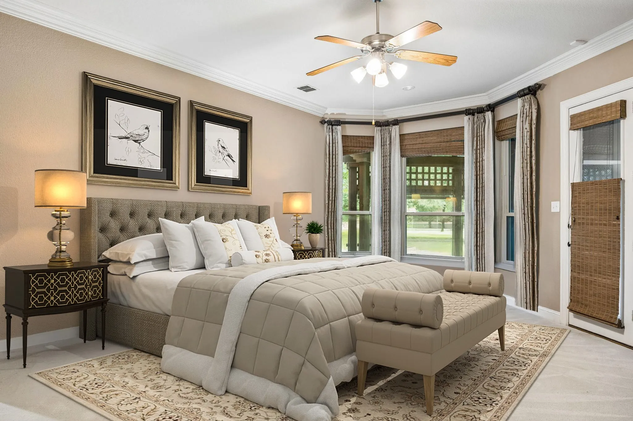 The primary retreat offers a bay window, room for a sitting area, views of the backyard and access to the enclosed porch.
