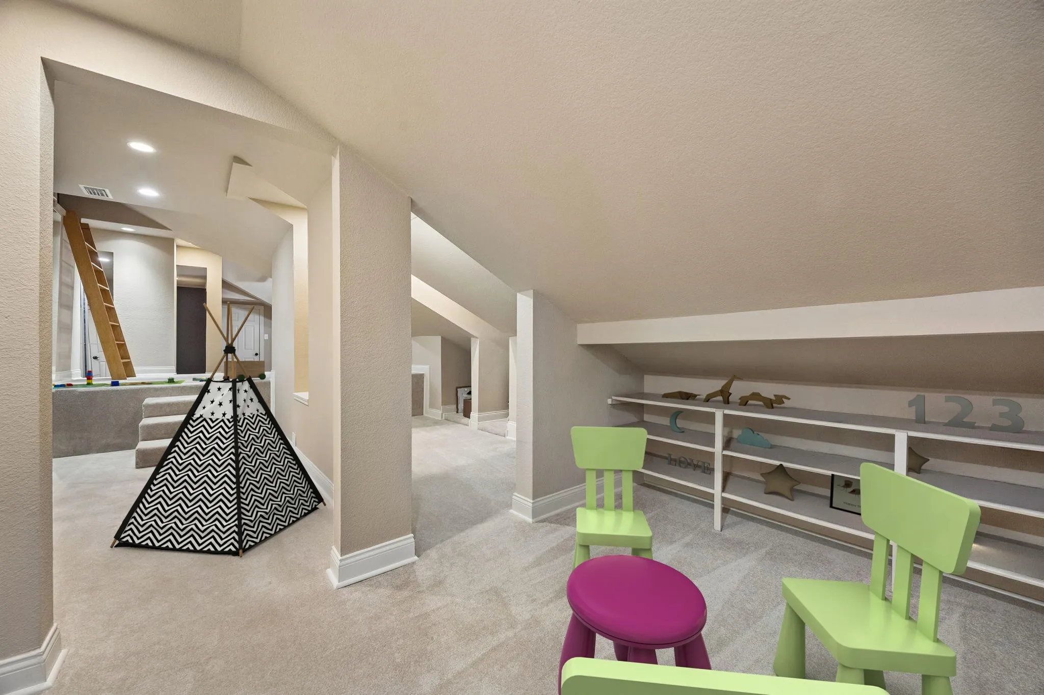 This bonus space is approximately 900 square feet.
Our virtual staging is envisioning a play area. Other
possibilities are a home office, storage, overflow
guest quarters.