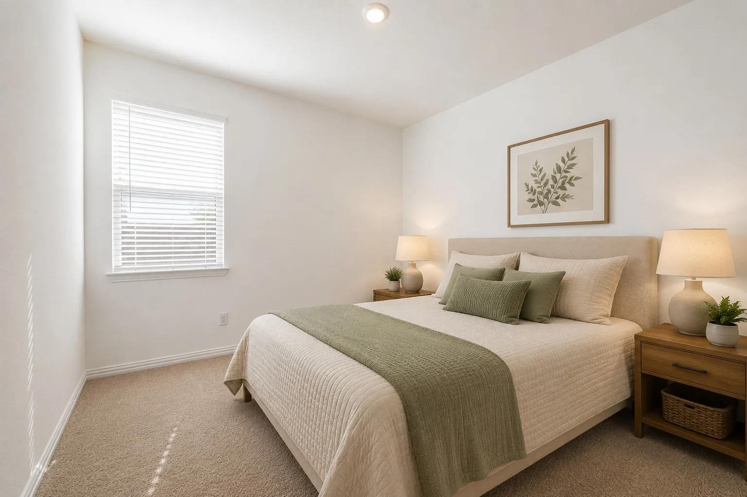 **Virtual Staged** Bedroom with light-colored carpeting and white walls