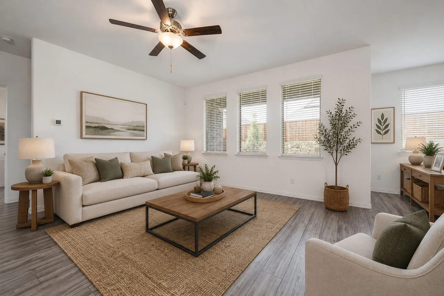 **Virtual Staged** Living area featuring wood-finish flooring, a ceiling fan with integrated lighting, and multiple windows with horizontal blinds