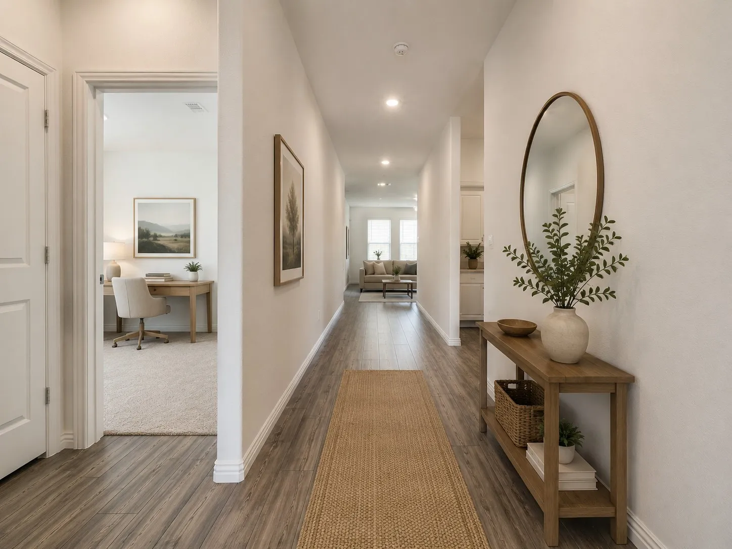 **Virtual Staged**  Long hallway featuring wood-finish flooring, white baseboards, and overhead recessed lighting