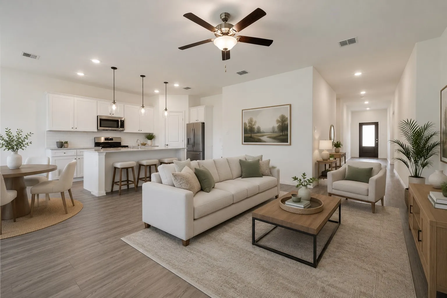 **Virtual Staged** Open-concept living area featuring wood-finish flooring, recessed lighting, and a ceiling fan