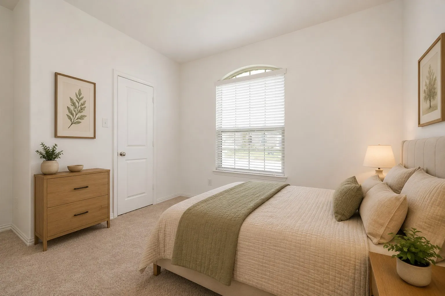 **Virtual Staged** Room featuring neutral wall tones, arched window with horizontal blinds, carpeted flooring, and a solid-core door
