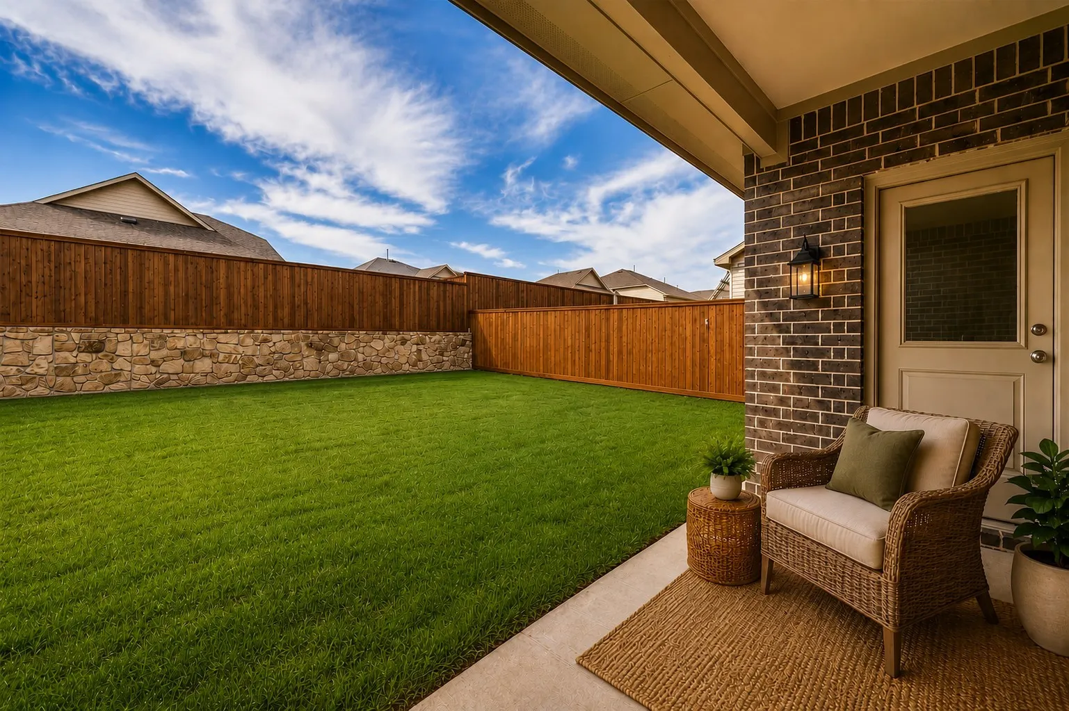 **Virtual Staged** Expansive rear yard featuring a manicured lawn and a privacy fence with stone detailing