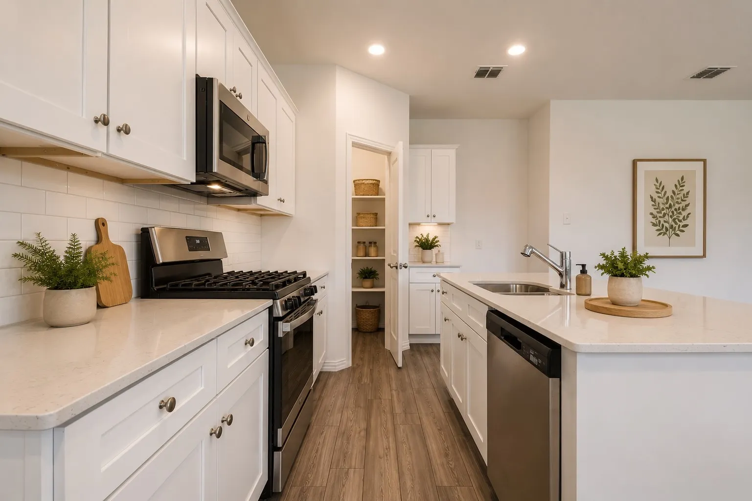 **Virtual Staged** Contemporary kitchen featuring white shaker cabinetry, stainless steel appliances, light-toned countertops, subway tile backsplash, and wood-finish flooring