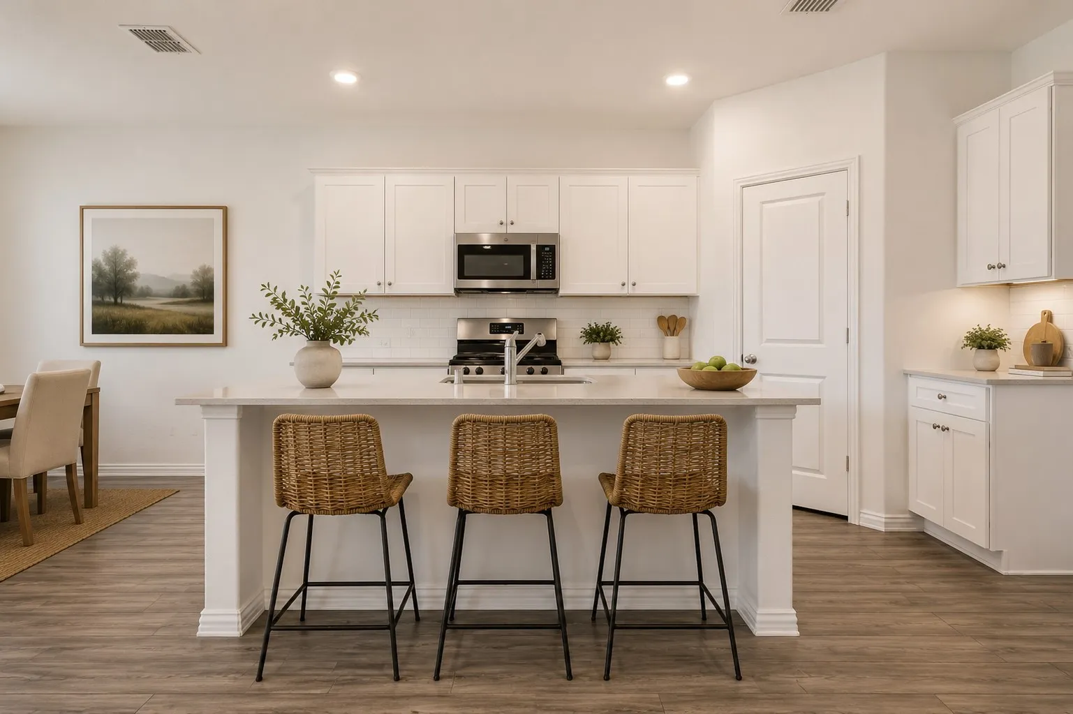 **Virtual Staged** Kitchen featuring a central island with countertop seating, white shaker cabinetry, stainless steel appliances, and wood-finish flooring