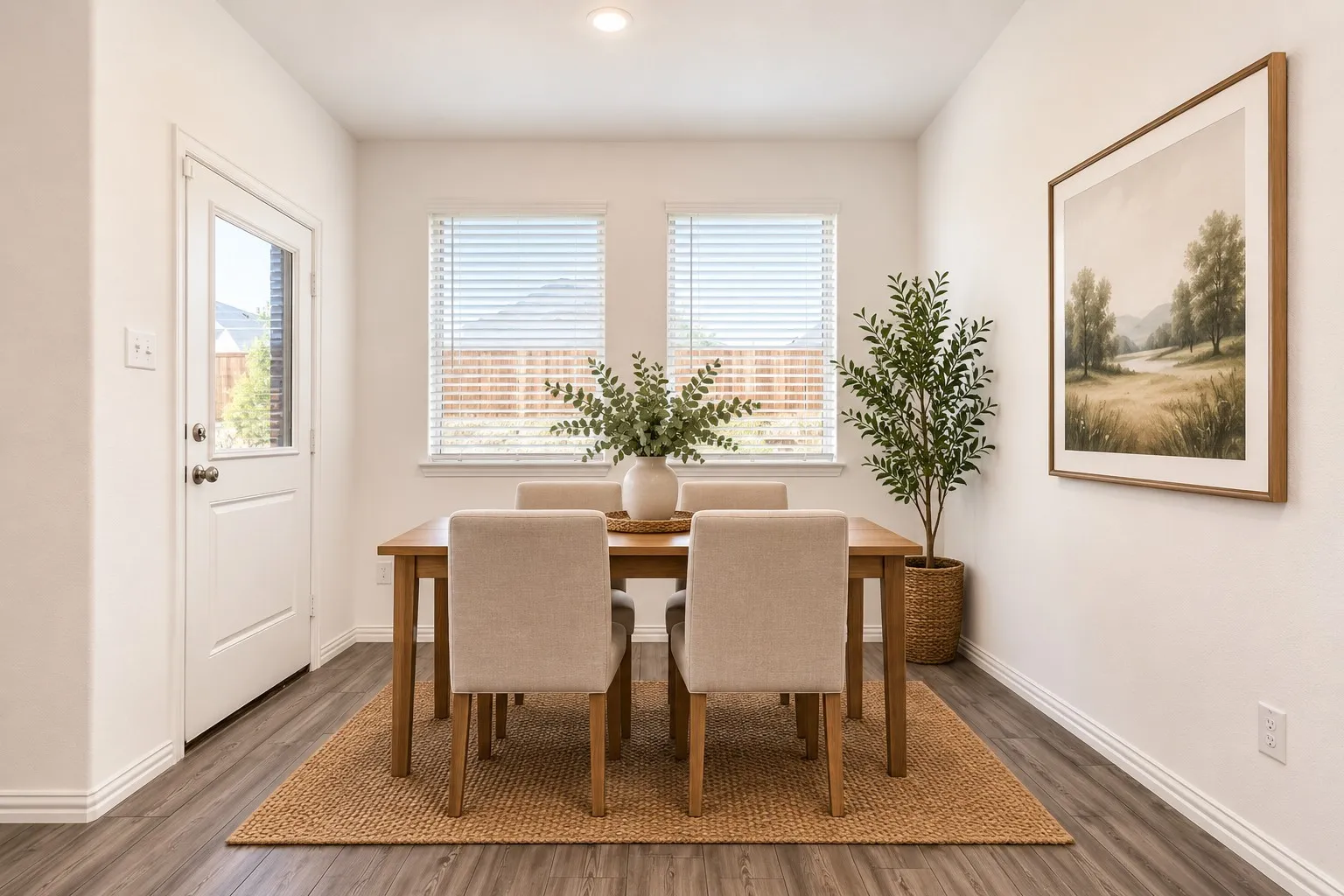 **Virtual Staged** Bright interior space featuring wood-finish flooring, white baseboards, and a rear exit door with a clear glass insert