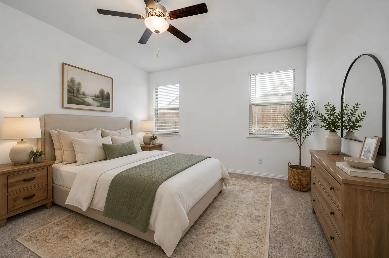 **Virtual Staged** Bright room featuring two windows with blinds, a ceiling fan with integrated lighting, and neutral carpet flooring