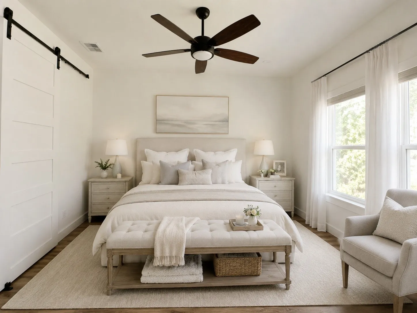 Wood-finish flooring with a neutral area rug, white barn door with dark hardware, recessed lighting, and a ceiling fan with light fixture.
NOTE: All pictures were Digitally enhanced