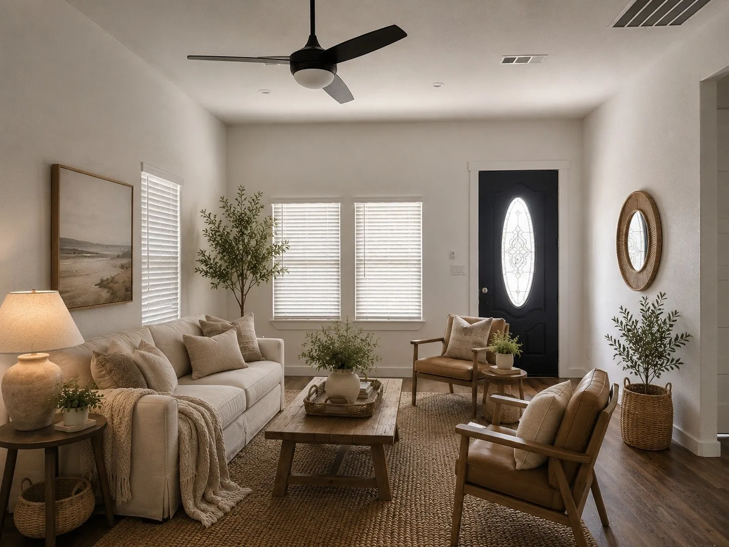 Living area with wood-finish flooring, white walls, and a black ceiling fan
