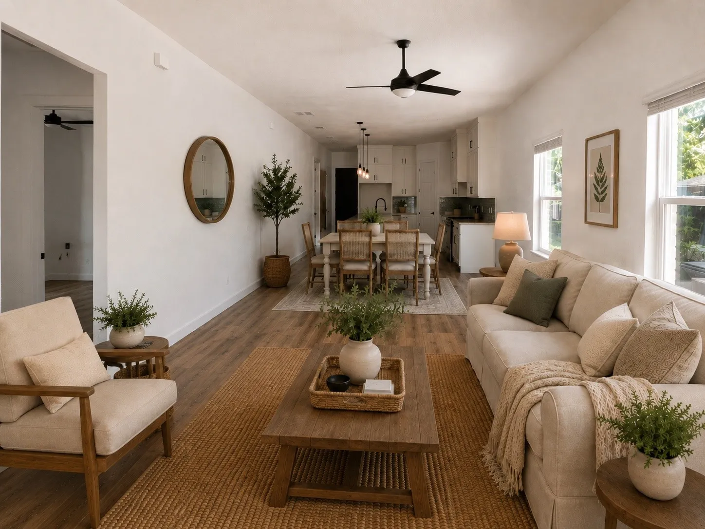 Open-concept living area with wood-finish flooring, recessed lighting, and multiple windows