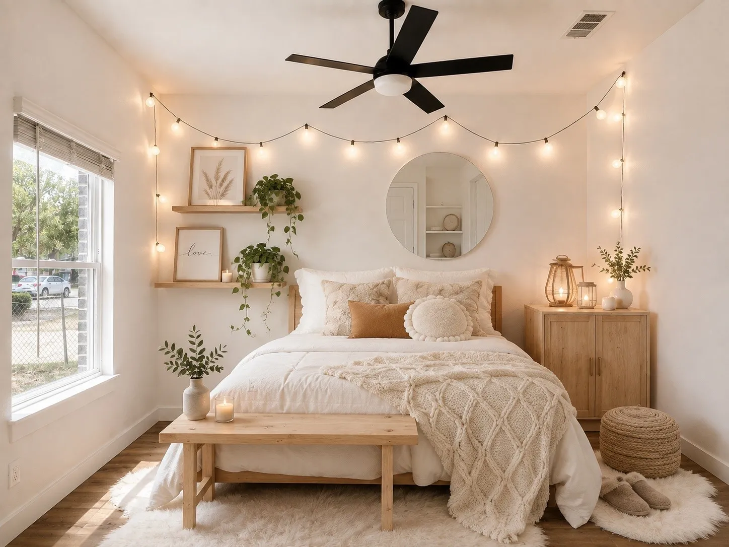 Wood-finish flooring, a ceiling fan with integrated lighting, and a large window with blinds define this space