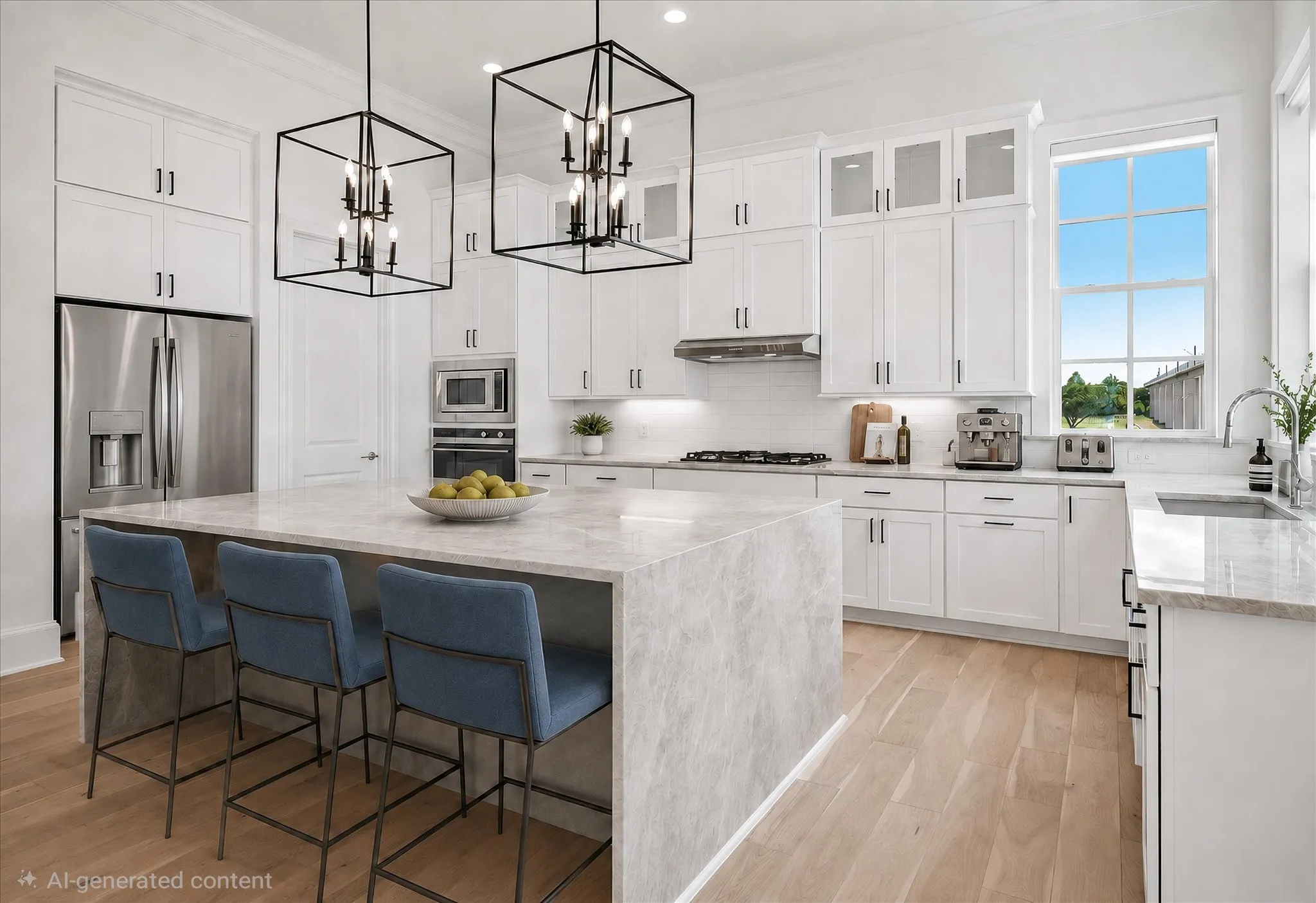 Gourmet kitchen featuring a large central island with waterfall-edge countertop, white shaker-style cabinetry, stainless steel appliances, and wood-finish flooring