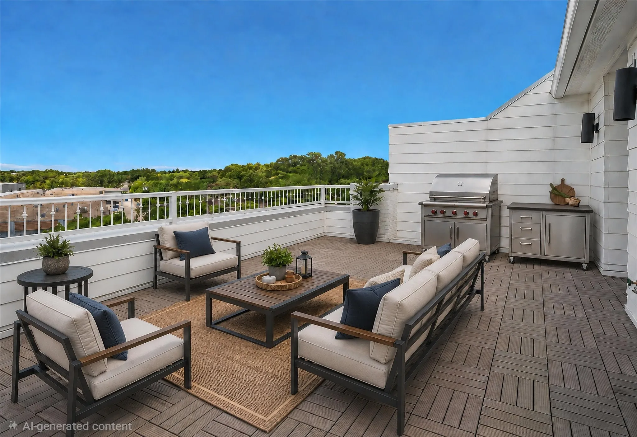 Expansive rooftop patio featuring wood-finish tile flooring, a built-in stainless steel grill, and an outdoor kitchen cabinet with a stone-finish countertop