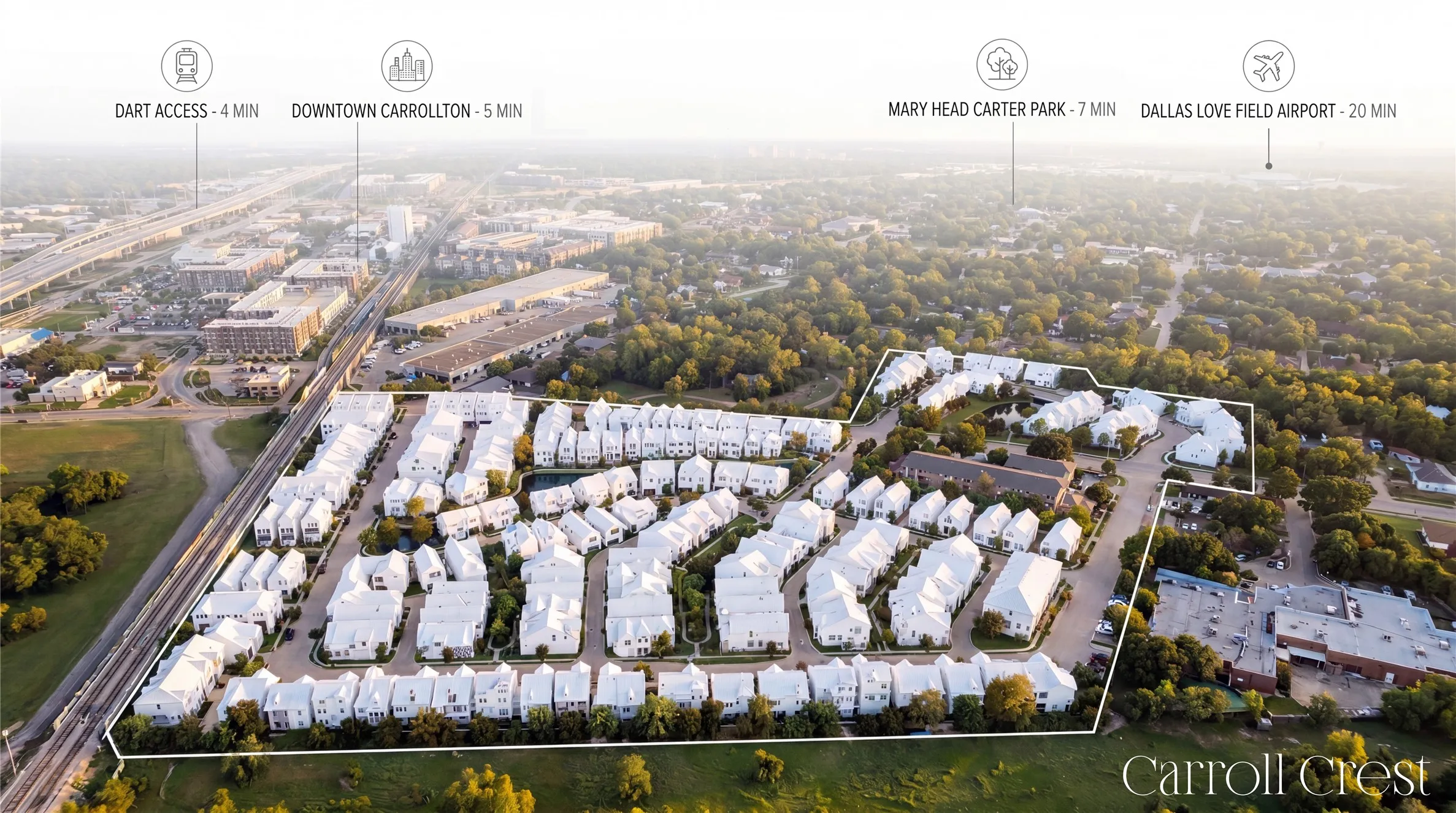 Aerial perspective showcasing a residential community with white-toned homes and distinct rooflines