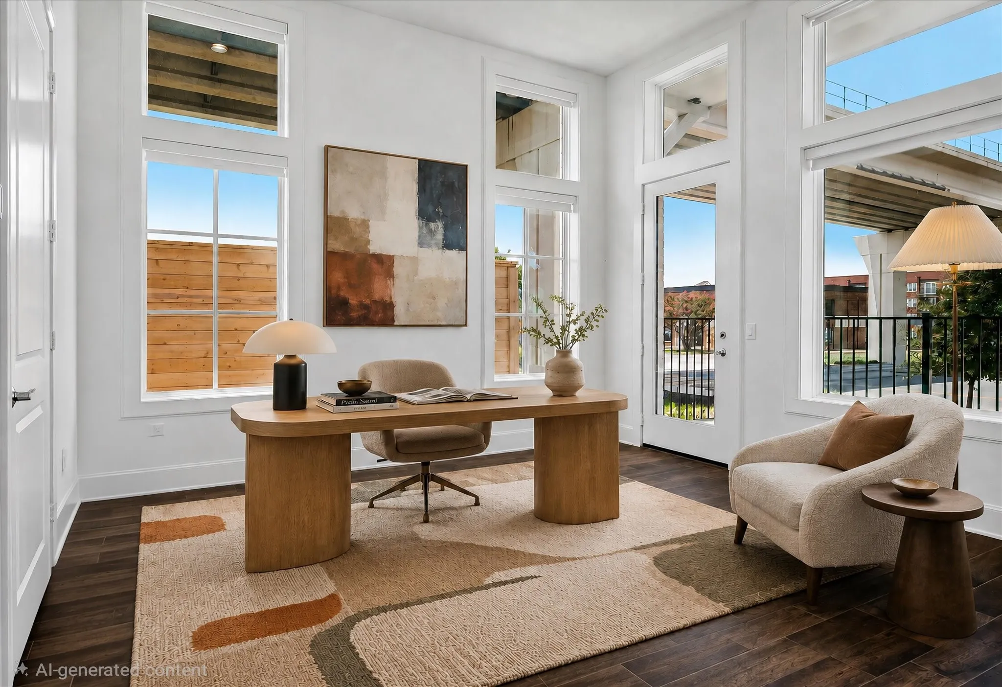 Spacious room featuring dark wood-finish flooring and extensive natural light from multiple windows and a glass-paneled door