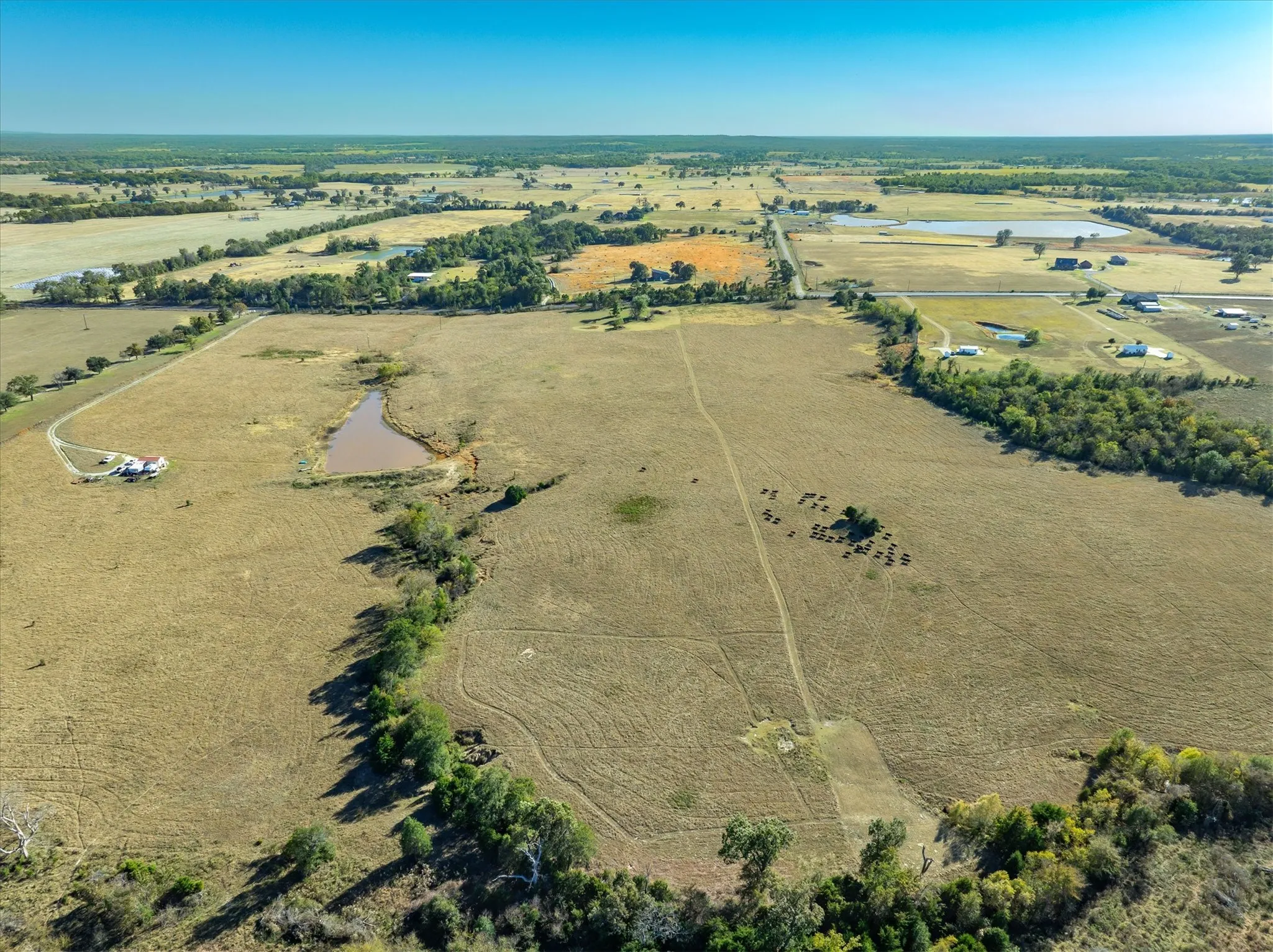 Expansive rural acreage featuring a natural pond, scattered trees, and visible clearings