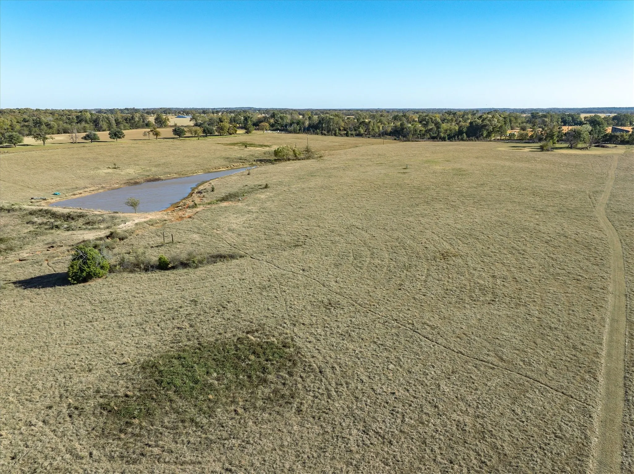 Expansive open land featuring a natural pond, scattered trees, and clear sky overhead