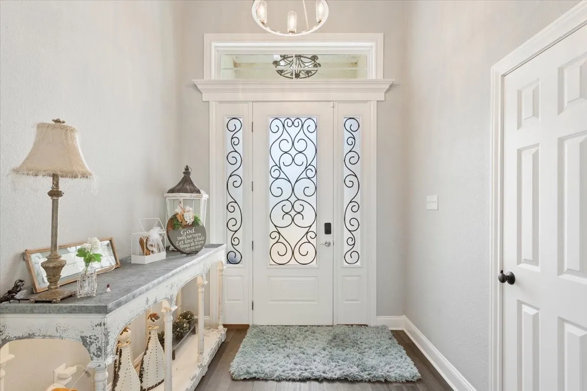 Entryway featuring a decorative frosted glass front door with wrought iron inserts, wood-finish flooring, a transom window, and a contemporary ceiling light fixture