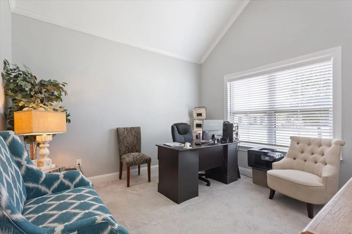 Room with vaulted ceiling, crown molding, and a large window with blinds