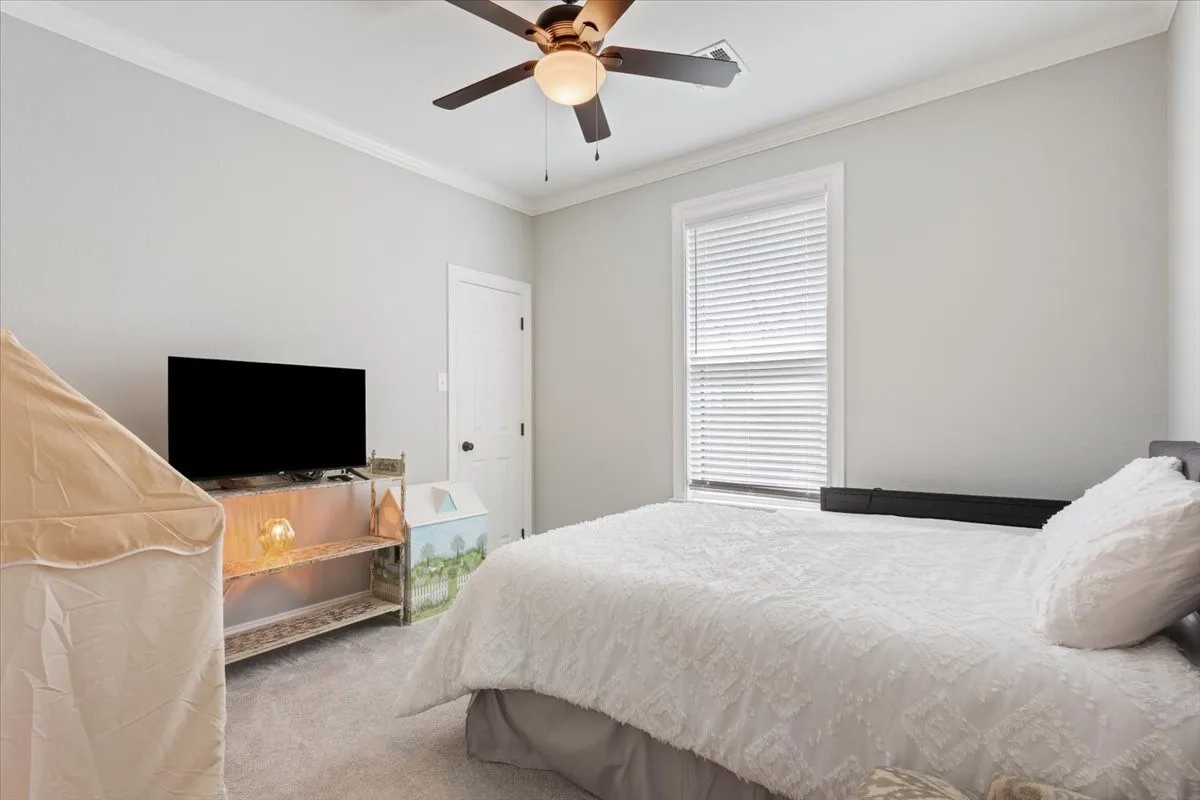 Light gray wall paint, crown molding, and a ceiling fan with integrated lighting