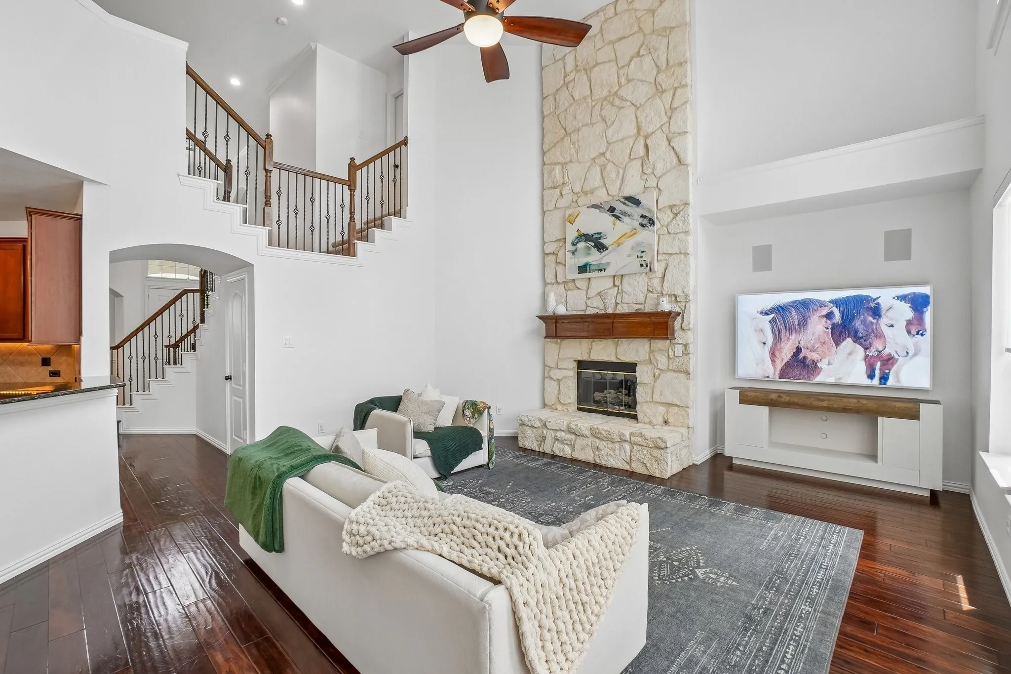 Family room with stone fireplace