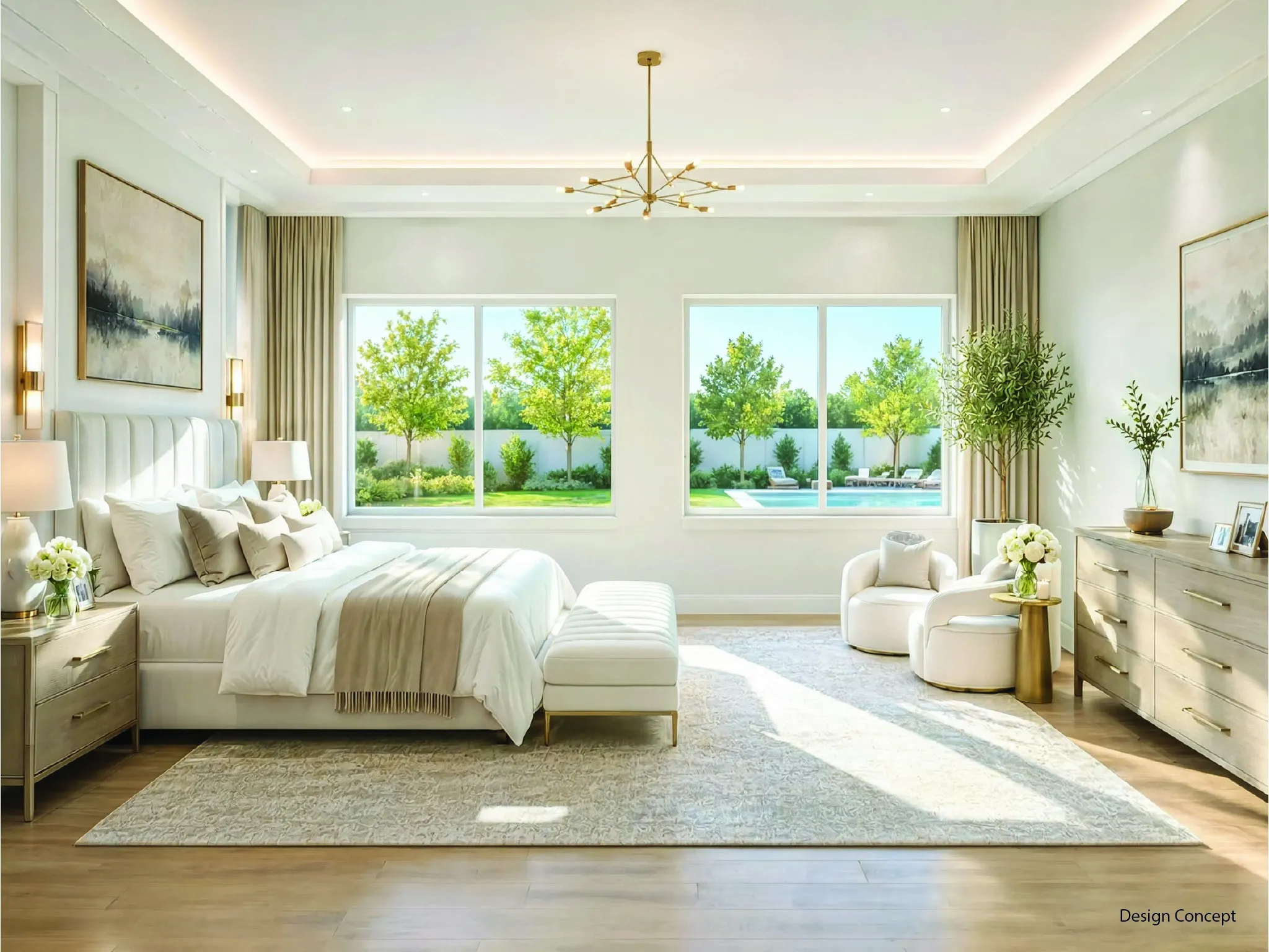 Spacious interior featuring a recessed tray ceiling with integrated lighting, wood-finish flooring, and large windows overlooking a backyard with a swimming pool - Design Concept