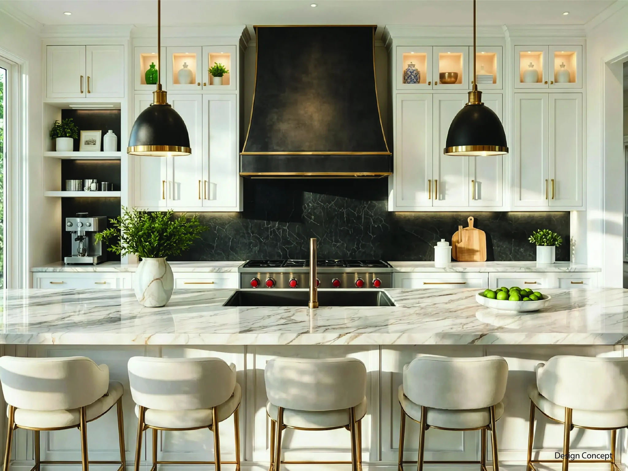Gourmet kitchen featuring a central island with integrated seating, white shaker cabinetry, a black and brass range hood, a black picket tile backsplash, and overhead pendant lighting -  Design Concept