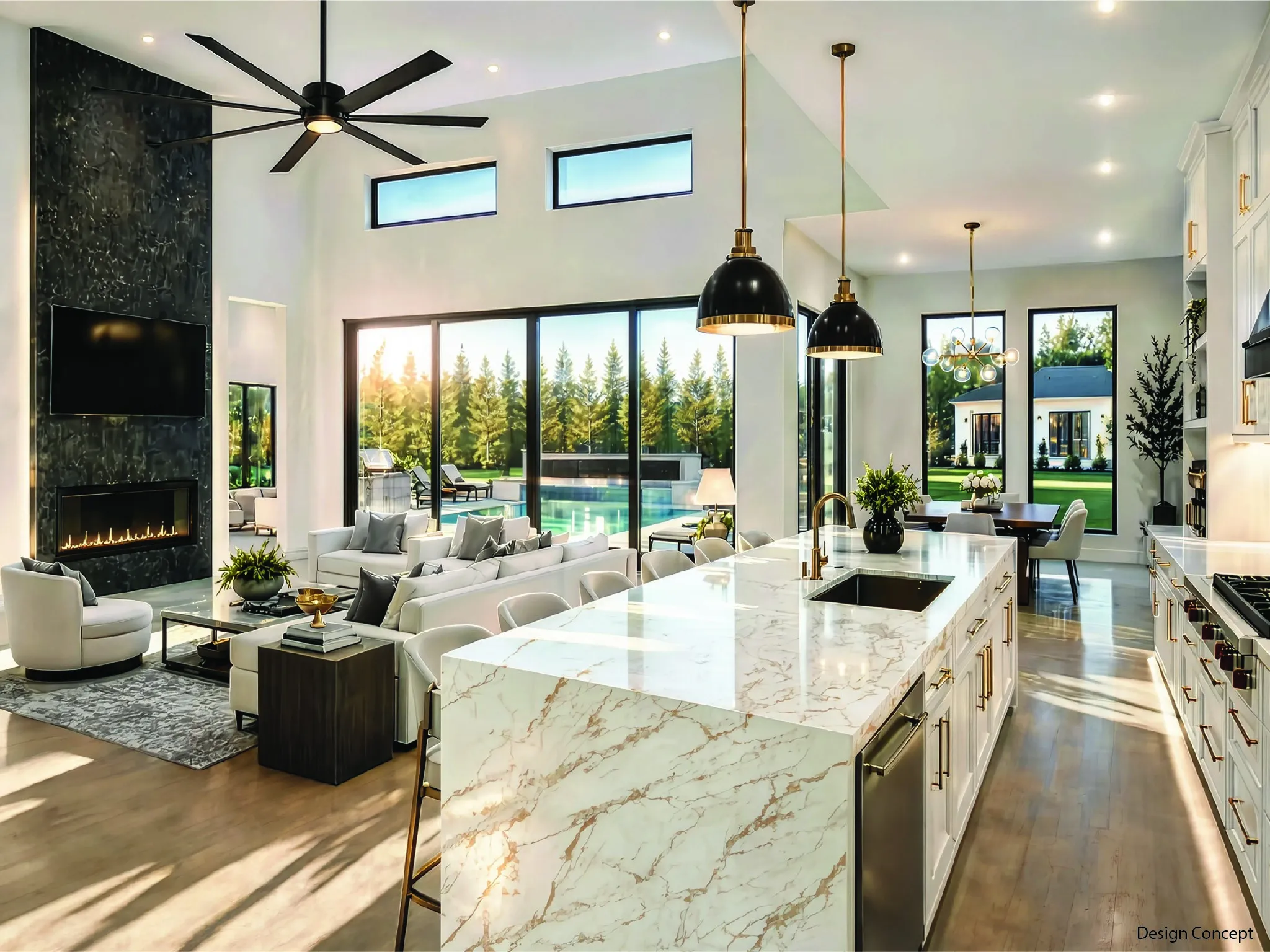 Open-concept living space featuring a gourmet kitchen, dining area, and living room with a fireplace - Design Concept
