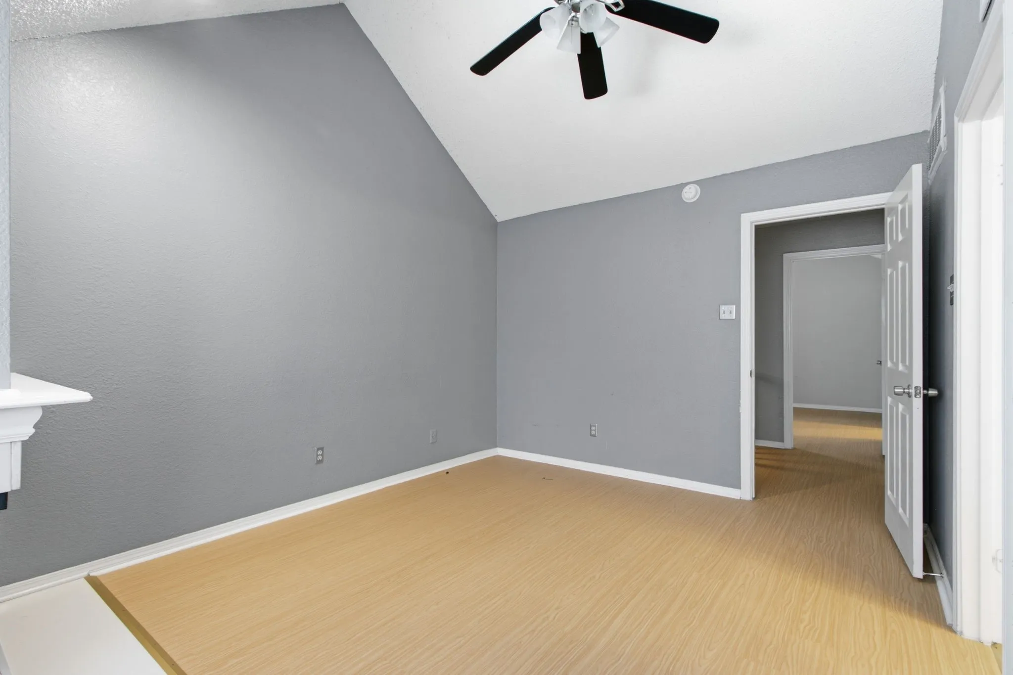 Room featuring vaulted ceilings, light wood-finish flooring, and gray painted walls