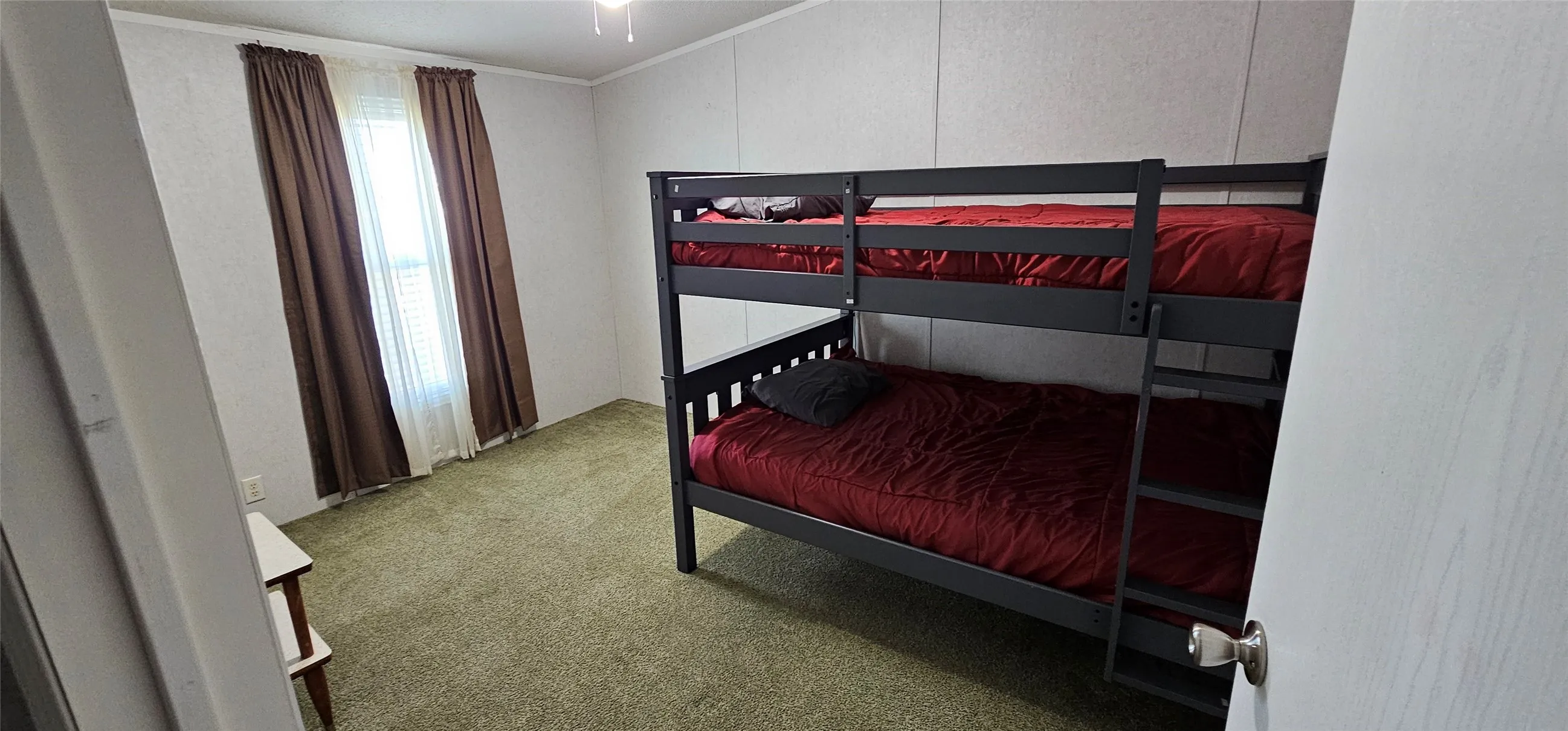 Carpeted flooring, white paneled walls, and a window with curtain rods