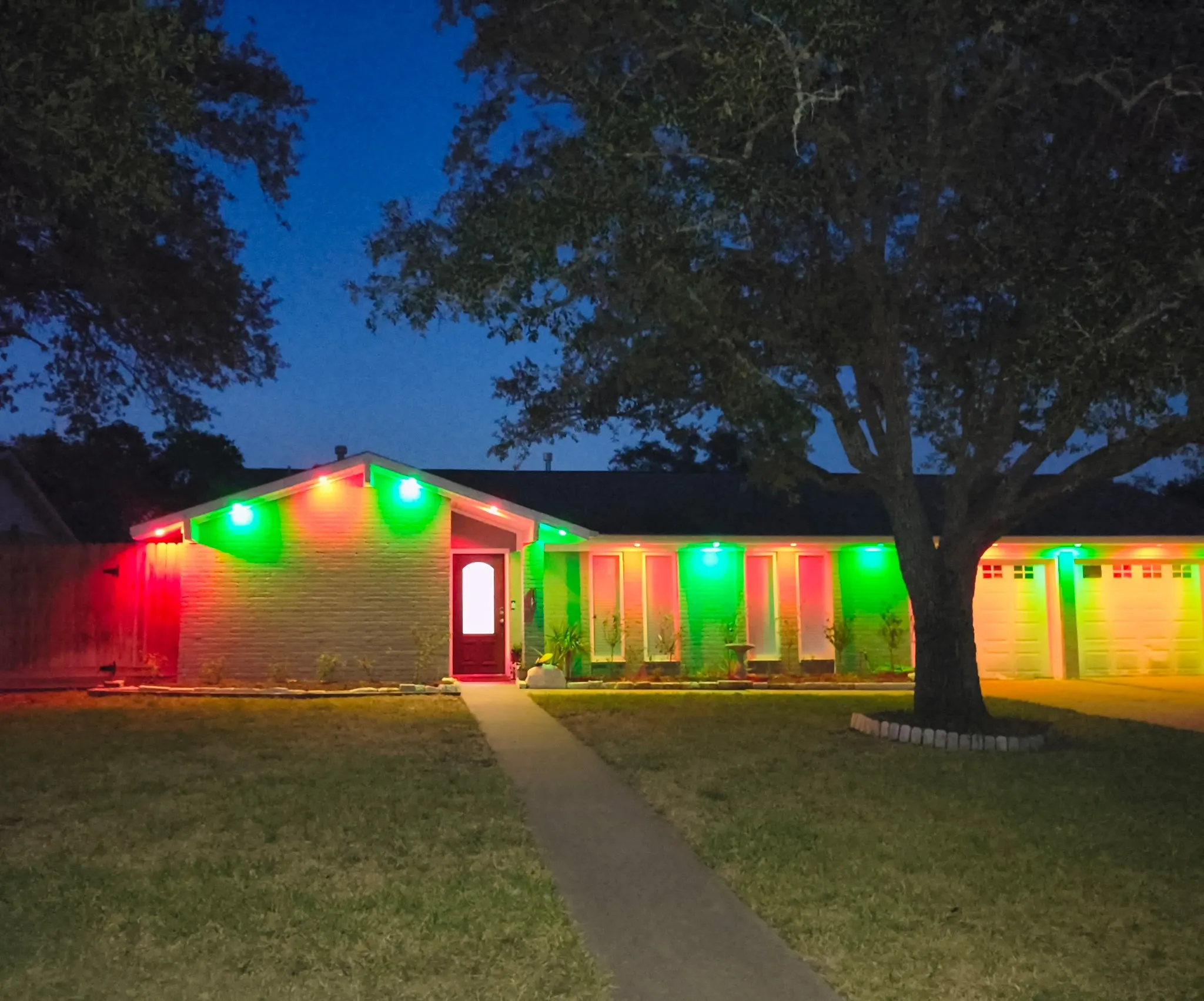 Single-story residence featuring a two-car garage, mature front yard trees, and a concrete walkway