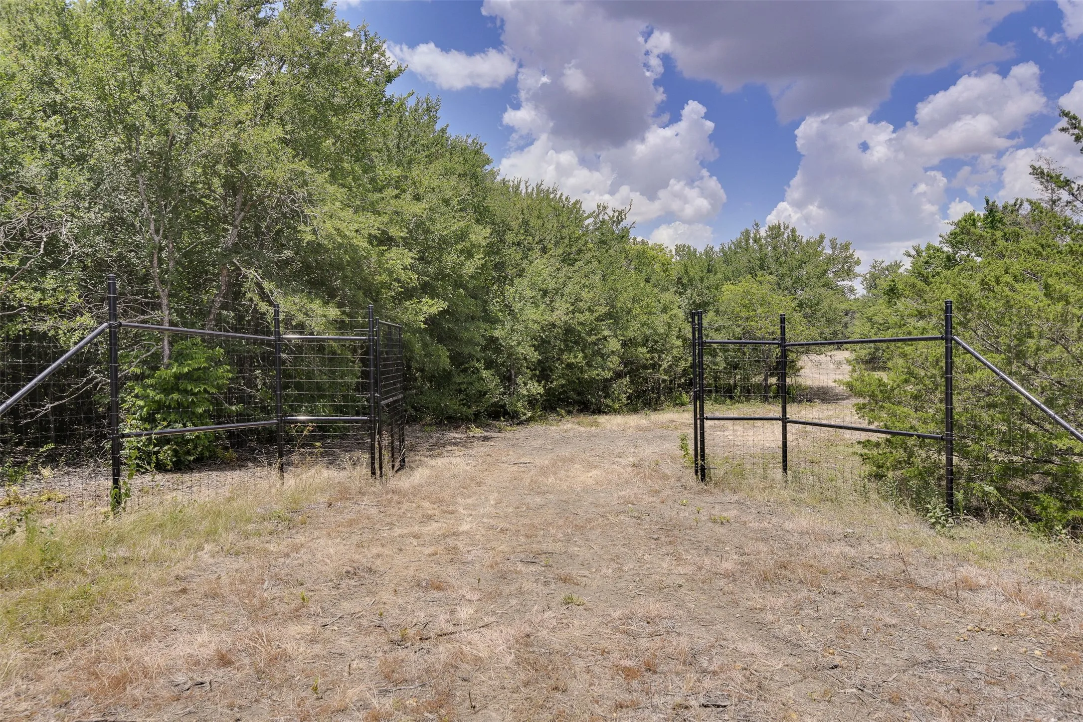 Main entry, black powder coated, hi fence with predator barrier installed.