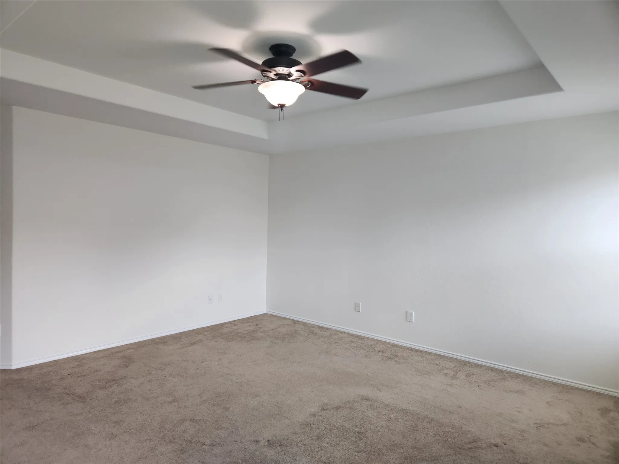 Primary bedroom has tray ceiling and ceiling fan