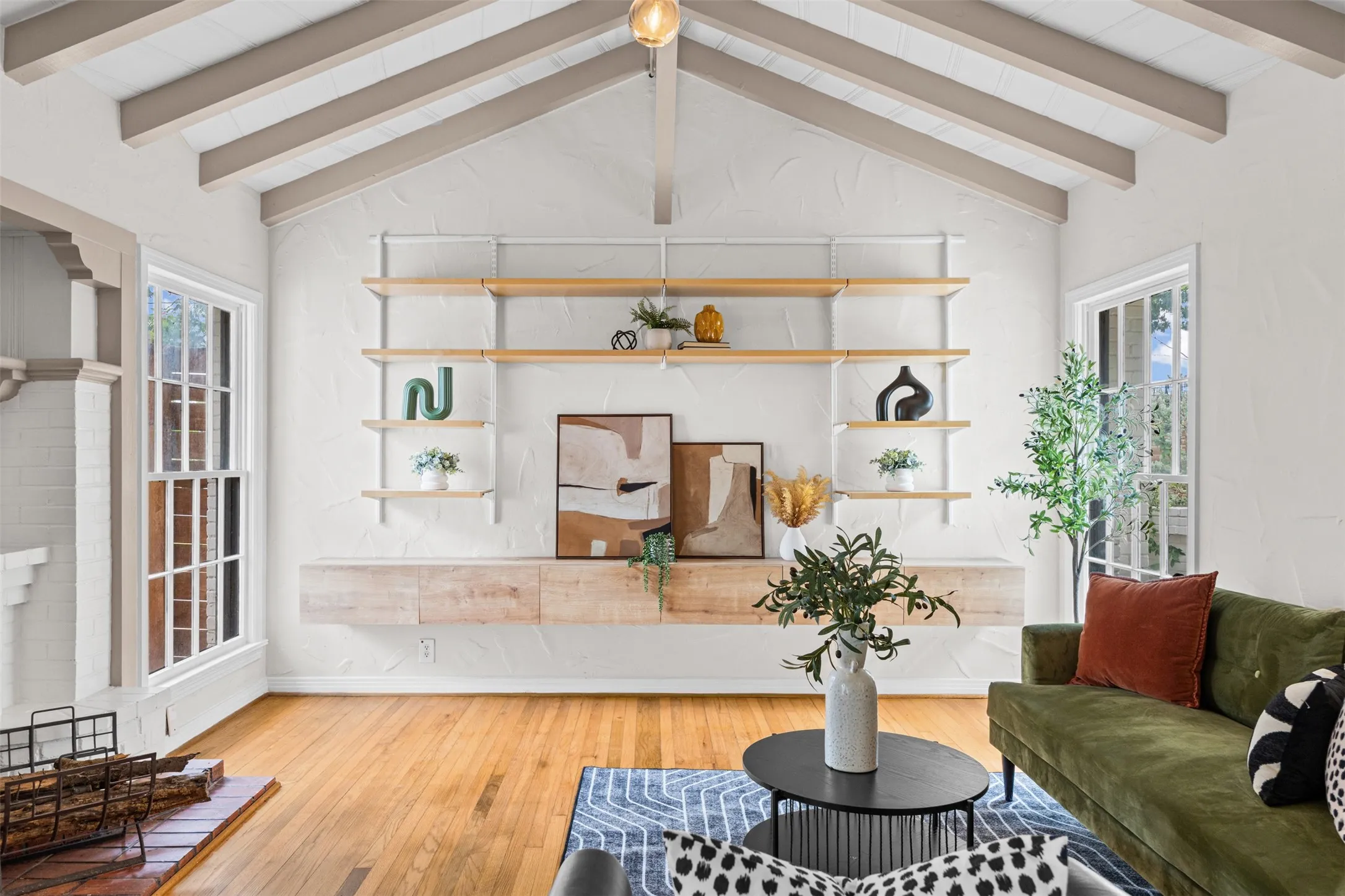 Living room with custom shelving
